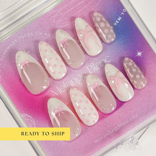 Cute polka dot pink bow press on nails - RTS