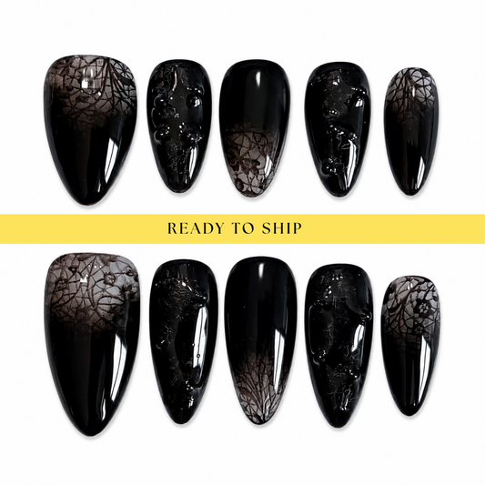 Black ombre lace flower press on nails - RTS