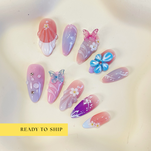 Purple ombre 3D butterfly flower almond press on nails - RTS