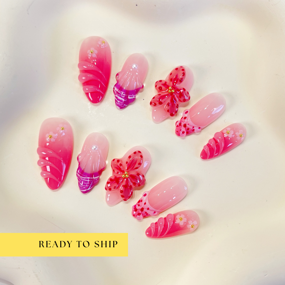 Fuchsia ombre pink 3D orchid flower almond press on nails - RTS