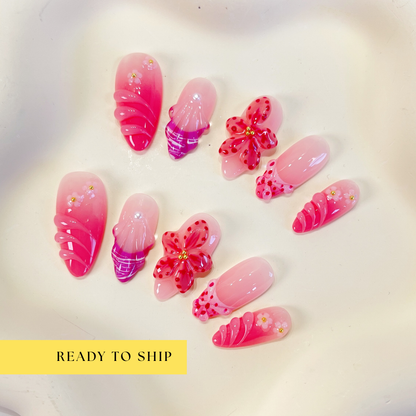 Fuchsia ombre pink 3D orchid flower almond press on nails - RTS