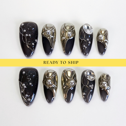 Black & Silver 3D Chrome with Rhinestone gems press on nails - RTS