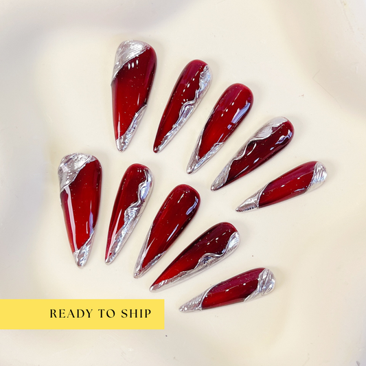 Red Gothic & Silver Chrome Stiletto Press On Nails- RTS