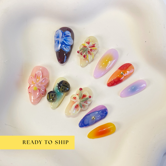 Pastel garden 3D flower ladybug almond press on nails - RTS