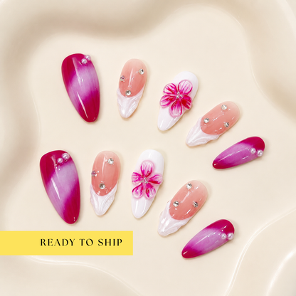 Fuchsia pink flower & french tip aurora almond press on nails PO050 - RTS