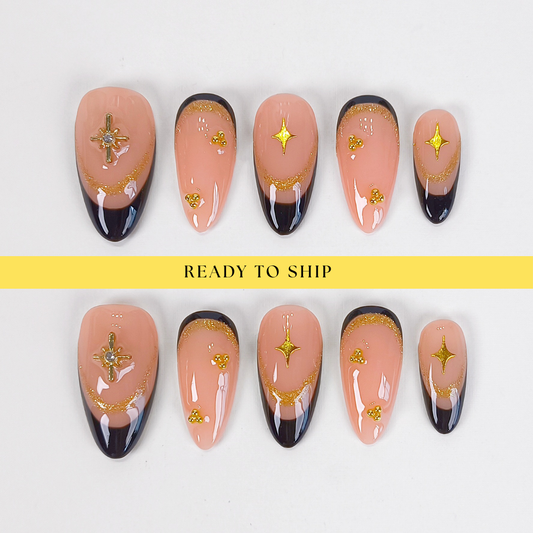 Gold charm & black french tips almond press on nails - RTS