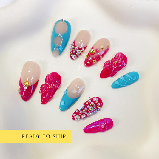 Turquoise & fuchsia flower crystal rhinestone almond press on nails - RTS