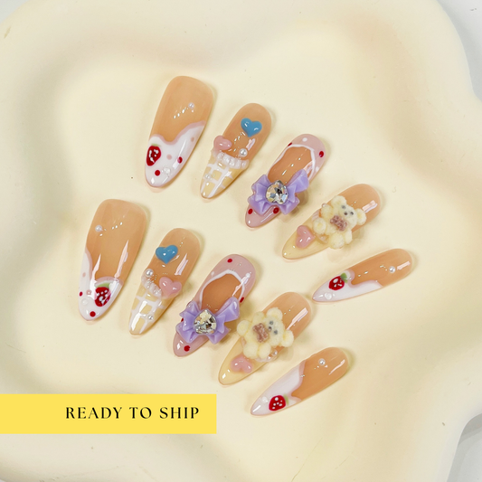 Cute anime gummy bear & bow long oval press on nails - RTS