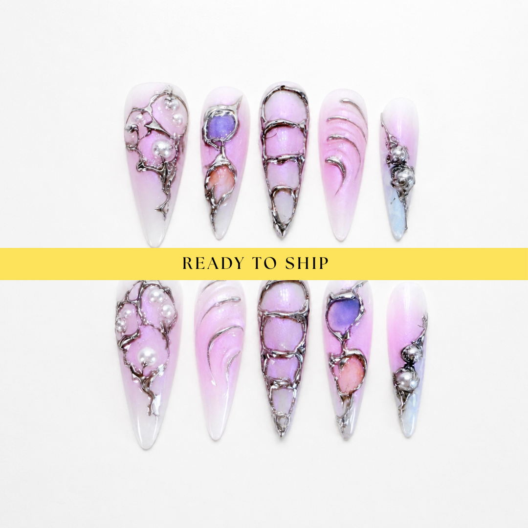 Glazed purple ombre with silver chrome long stiletto press on nails RTS PO113