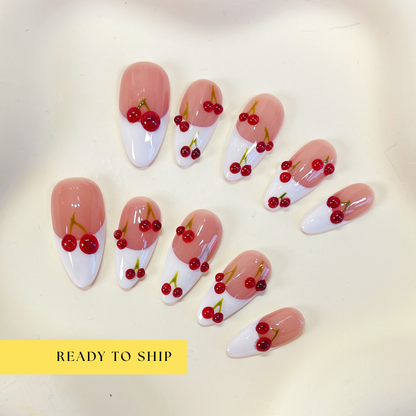 Red cherry white french tips almond press on nails - RTS