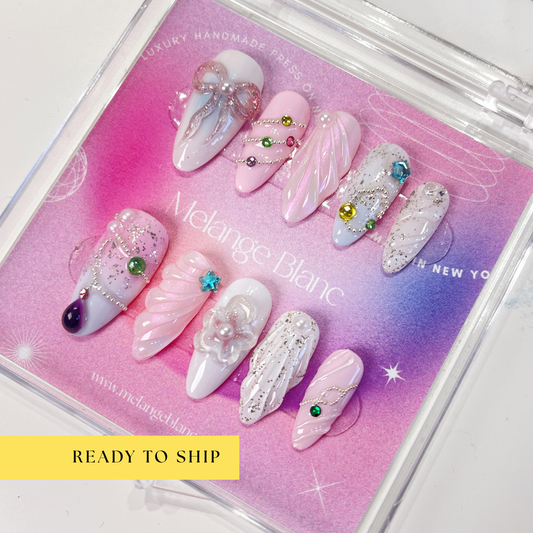 Pink dreamy 3D bow flower almond press on nails - RTS