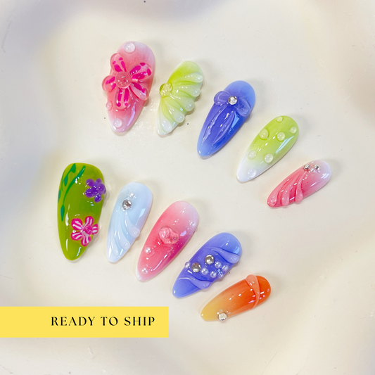 Blooming garden colorful 3D flower almond press on nails - RTS