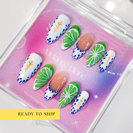 Green lime fruit almond press on nails - RTS