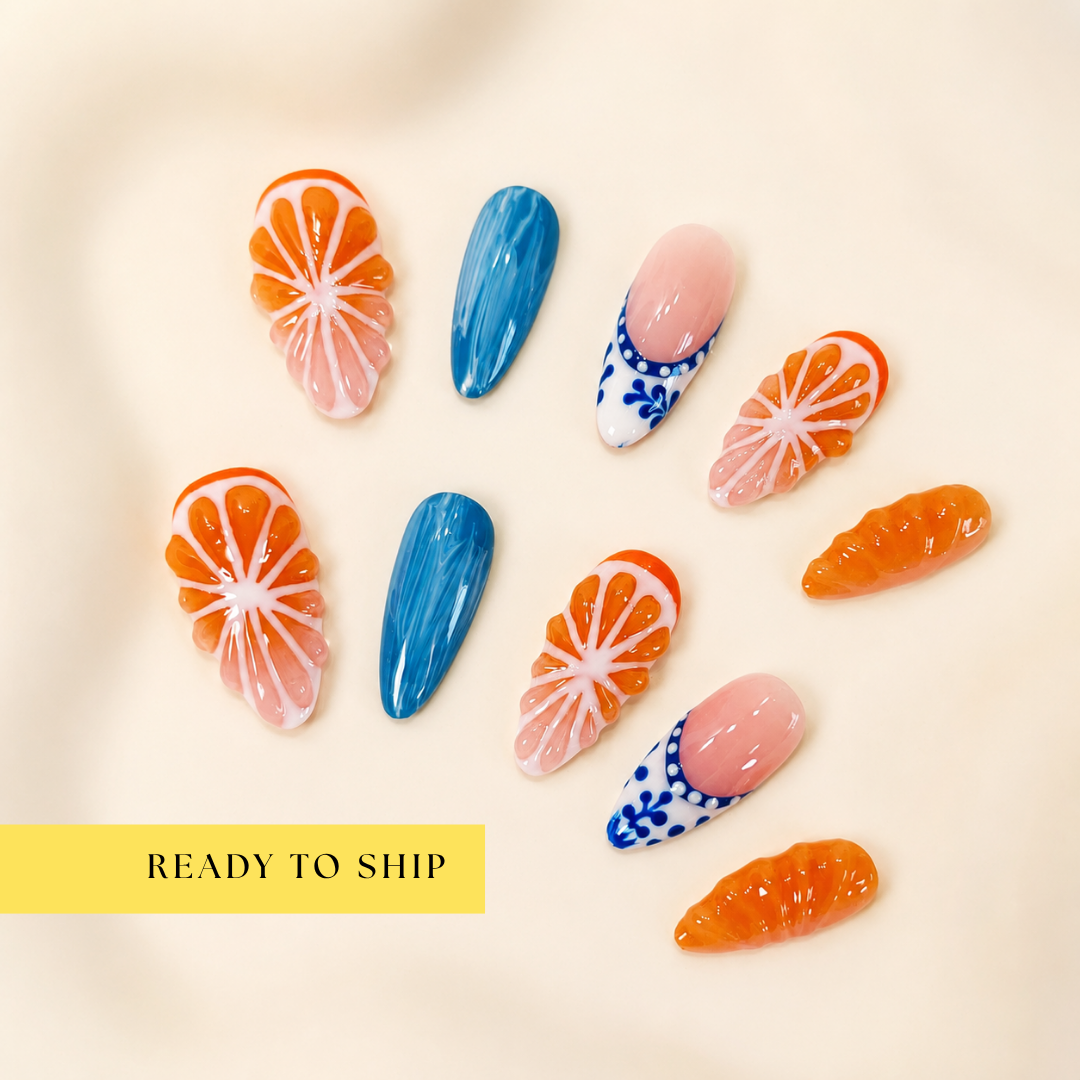 Orange 3D fruit tropical blue press on nails RTS PO053