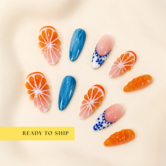 Orange 3D fruit tropical blue press on nails RTS PO053