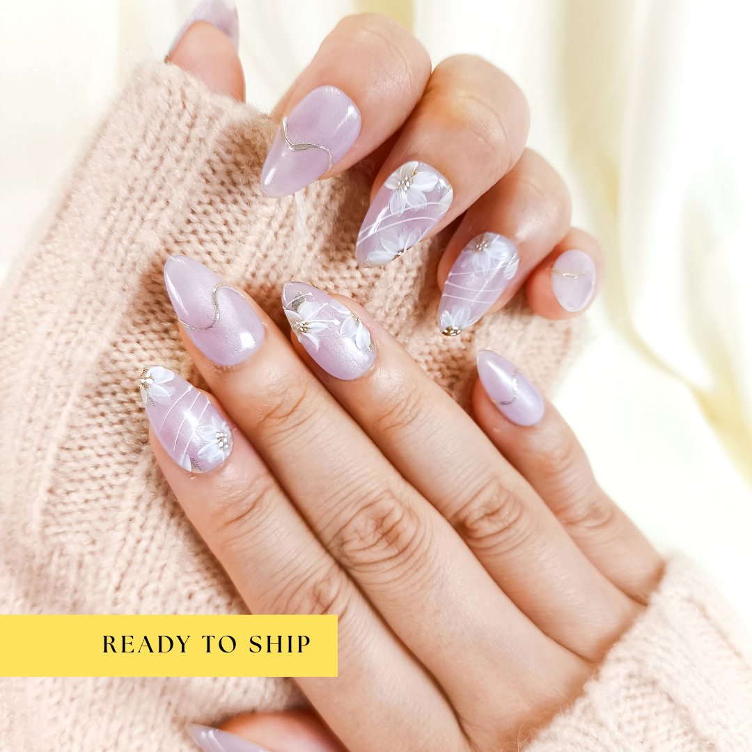 Lilac flower cat eye chrome almond press on nails - RTS