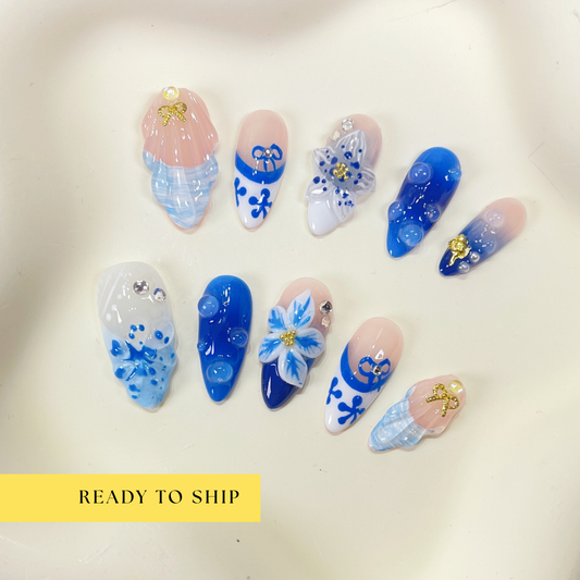 Ocean blue 3D orchid flower beach almond press on nails - RTS