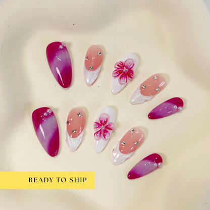 Fuchsia pink flower & french tip aurora almond press on nails - RTS