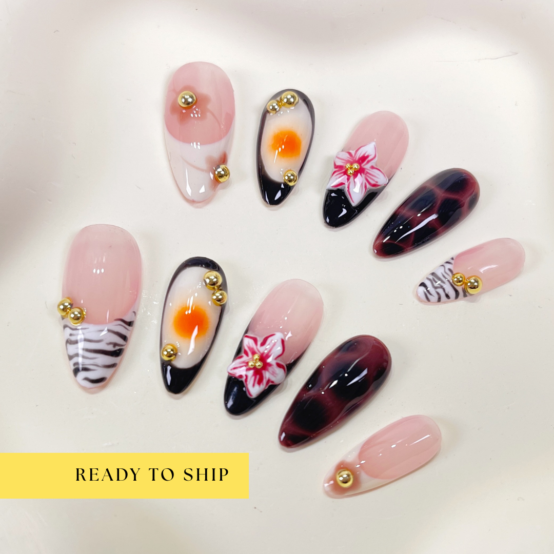 Autumn animal print 3D flower fall almond press on nails - RTS