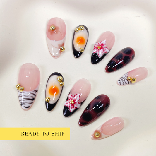 Autumn animal print 3D flower fall almond press on nails - RTS