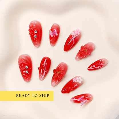Red aurora ombre 3D flower almond press on nails RTS PO054