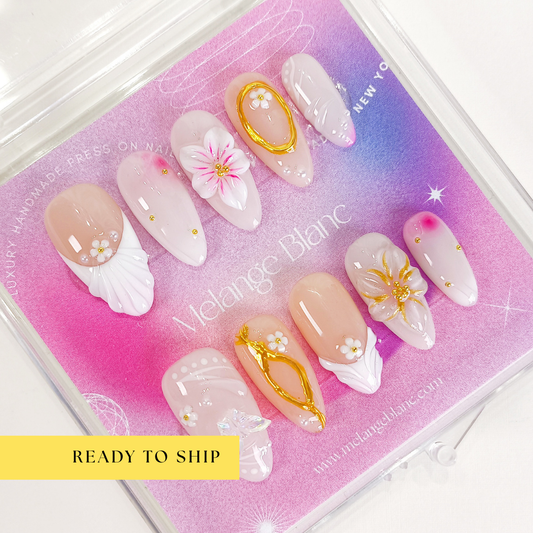 White flower 3d chrome press on nails - RTS