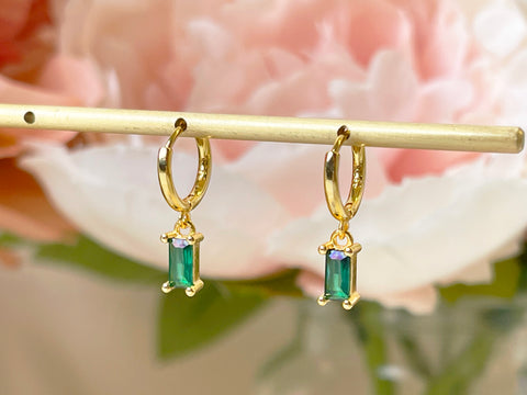 E150 18k gold emerald huggie hoop earring, emerald earrings